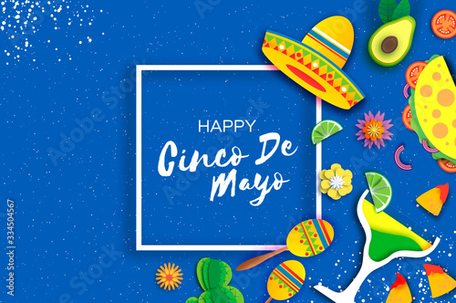Happy Cinco de Mayo Banner. Sombrero hat, fan, tacos and nachos. Coctail and flowers in paper cut style. Mexico, Carnival. Square frame. Space for text. Blue background.