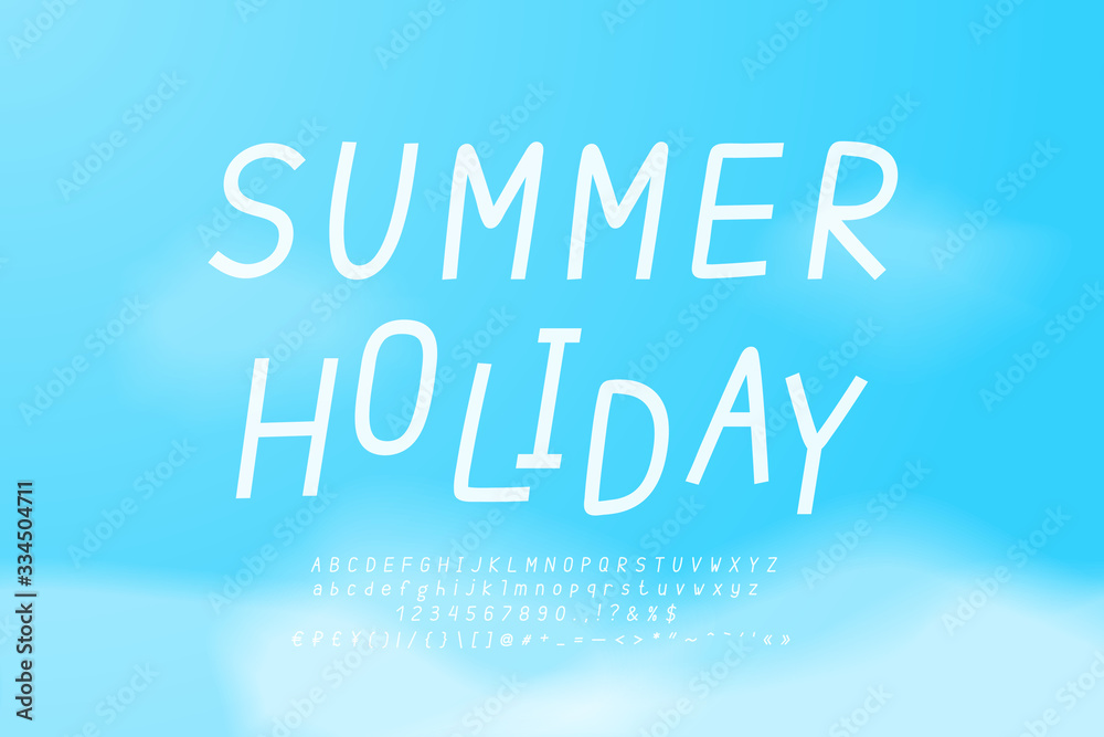 Summer white alphabet on blue sky background. Uppercase and lowercase letters, numbers, punctuation marks. Handwritten thin slim Italic font. Vector illustration Summer white alphabet on blue sky background. Uppercase and lowercase letters, numbers, punctuation marks. Handwritten thin slim Italic font. Vector illustration