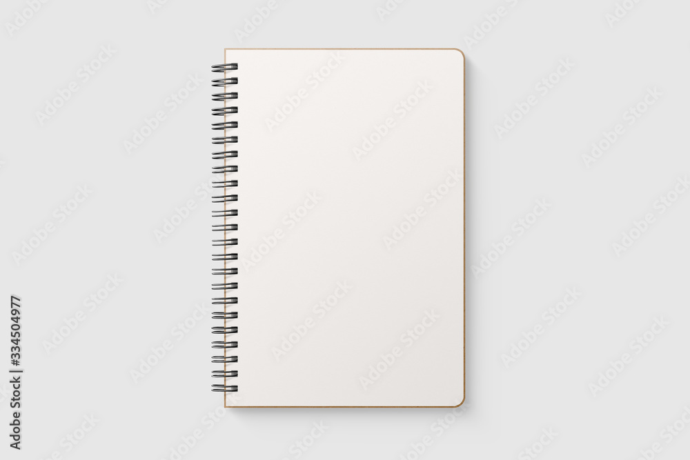 Real photo, blank spiral bound notepad mockup template with Kraft Paper cover, isolated on light grey background. High resolution. - obrazy, fototapety, plakaty 