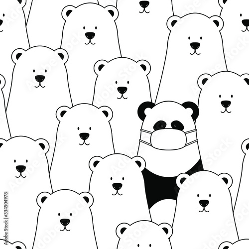 Vector seamless pattern. Polar bears and panda in a disposable mask. Coronavirus infection protection concept. Precautions during an epidemic.