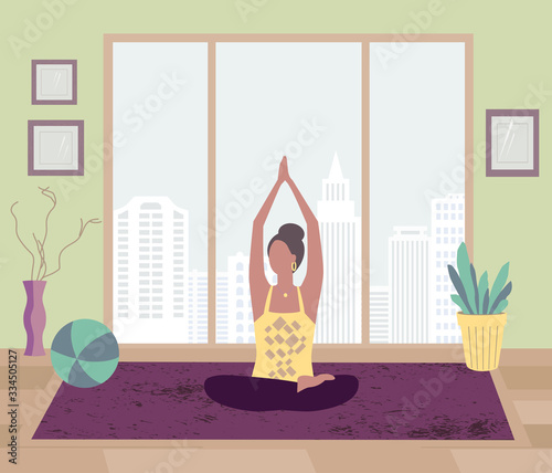 Yoga meditation at home flat color vector