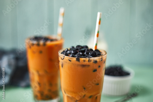 Milk Bubble Tea with Tapioca Pearls. .