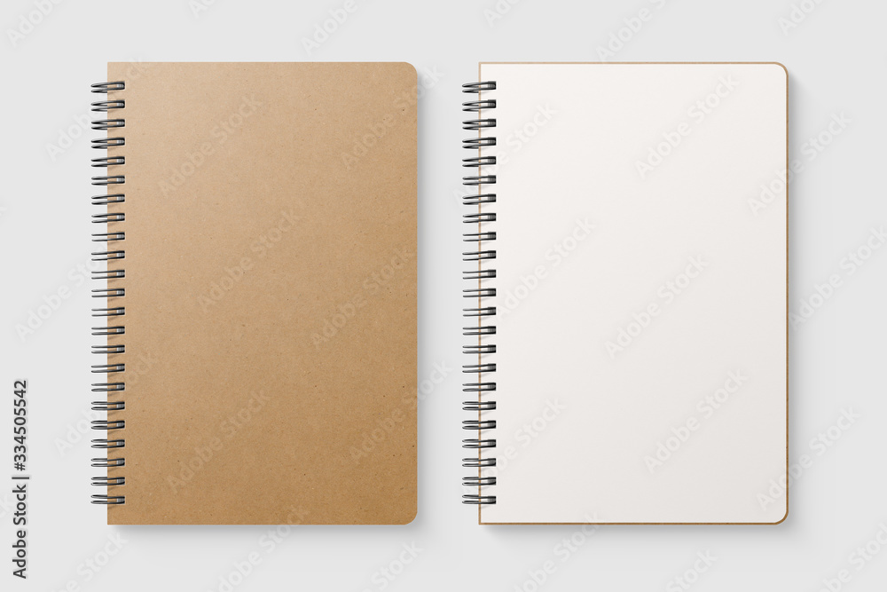 Real photo, blank spiral bound notepad mockup template with Kraft Paper cover, isolated on light grey background. High resolution. Real photo, blank spiral bound notepad mockup template with Kraft Paper cover, isolated on light grey background. High resolution.