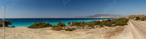 road beach and sea Panoramic view of sea bay of Rhodes. Rhodes island, Greece