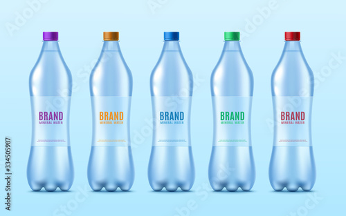Water bottles set with labels for brand identity realistic vector illustration.