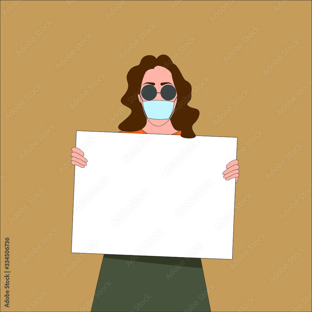Masked girl covid-19 save yoursalfe stay at home girl with a poster Masked girl covid-19 save yoursalfe stay at home girl with a poster