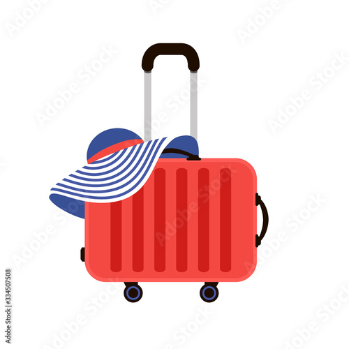 Red Travel Suitcases. Woman summer hat. Time to Travel. Trip to World. Vacation. Holidays. Travel banner. Front view. Modern flat design