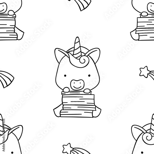 Simple seamless pattern, black and white cute kawaii hand drawn unicorn doodles, coloring pages