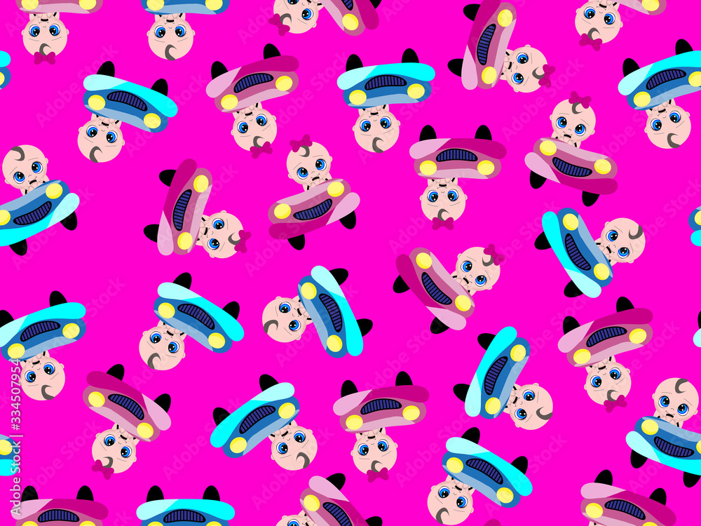 Seamless pattern. Toddlers in a toy car.