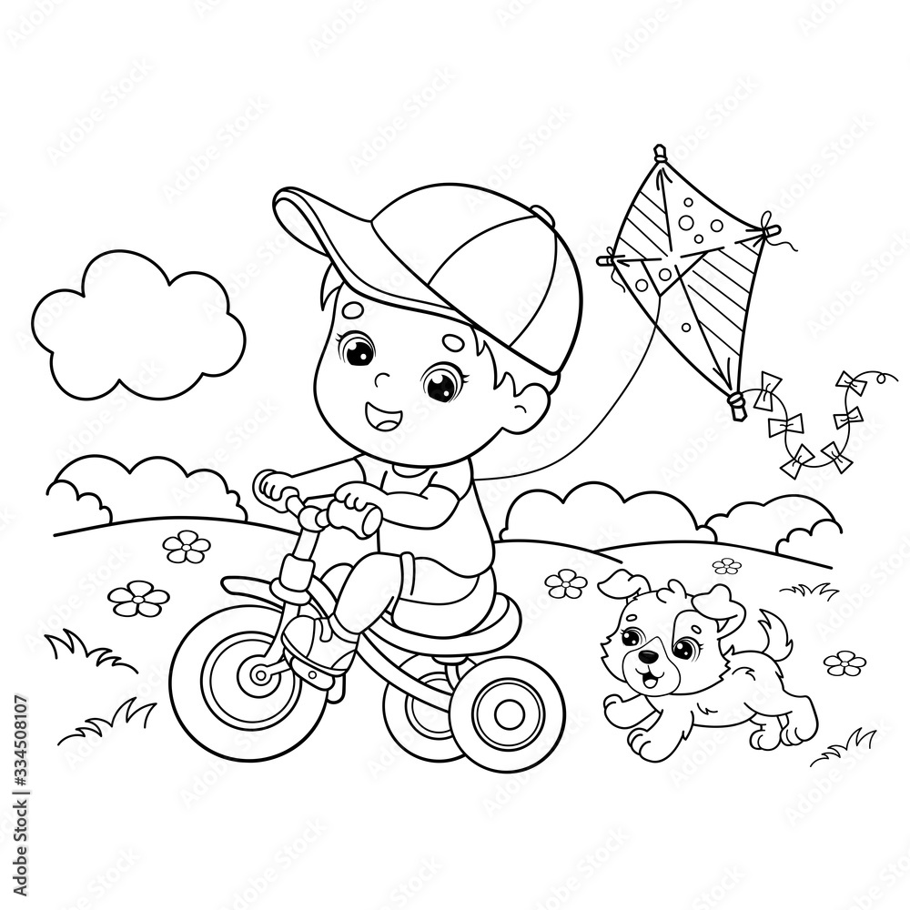 Fototapeta Coloring Page Outline Of cartoon boy riding a Bicycle with a kite and with a dog. Coloring book for kids