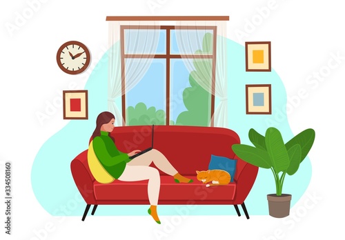 Home office. Woman freelancer or student working from home sitting on a sofa. Woman at home in quarantine. Vector flat illustration.