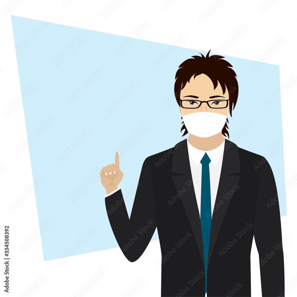 Cartoon businessman with protective mask on face. Asian male character with finger raised up. Banner with place for text. Cartoon businessman with protective mask on face. Asian male character with finger raised up. Banner with place for text.
