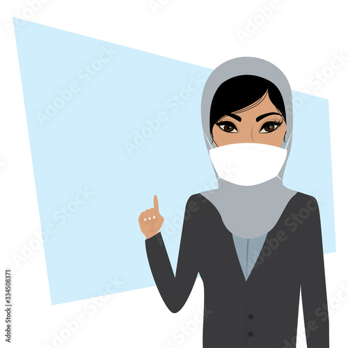 Cartoon businesswoman with protective mask on face. Muslim female character, finger raised up.