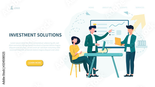 Illustrated investment solutions concept and people in business meeting. Vector illustration