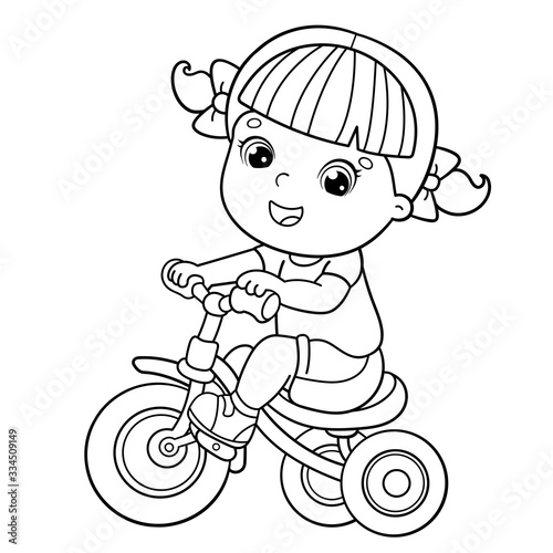Coloring Page Outline Of a cartoon girl riding a Bicycle or bike. Coloring book for kids
