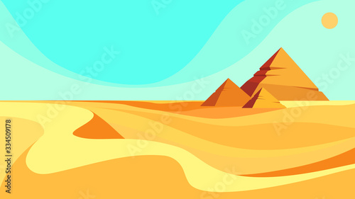 Pyramids in the desert. Beautiful landscape in cartoon style.