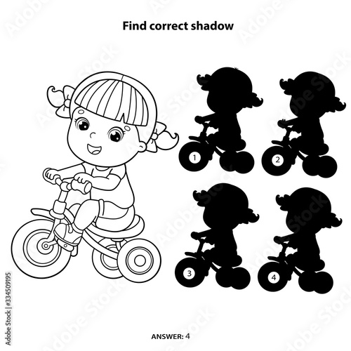 Puzzle Game for kids. Find correct shadow. Coloring Page Outline Of a cartoon girl riding a Bicycle or bike. Coloring book for children.