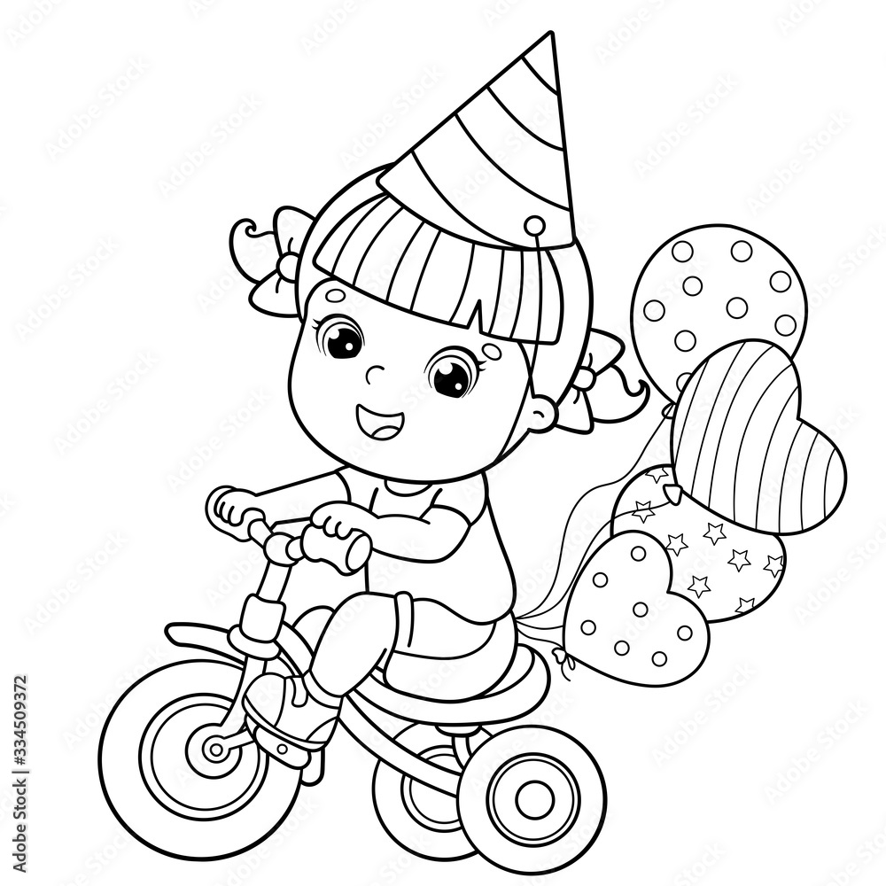 Coloring Page Outline Of a cartoon girl riding a Bicycle or bike with a balloons. Birthday. Coloring book for kids Coloring Page Outline Of a cartoon girl riding a Bicycle or bike with a balloons. Birthday. Coloring book for kids