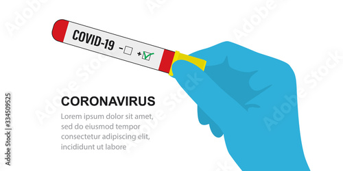 Hand in medical protective glove holding test tube with blood sample for COVID-19 test. Coronavirus test positive result.