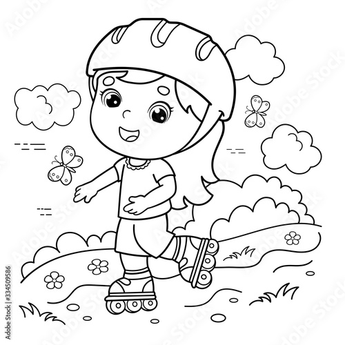 Coloring Page Outline Of cartoon girl on the roller skates. Coloring book for kids