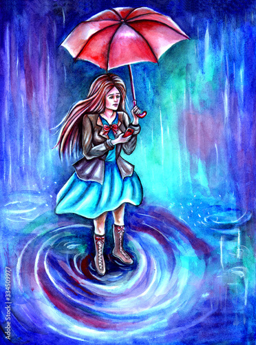 Illustration of a girl with an umbrella in the rain.