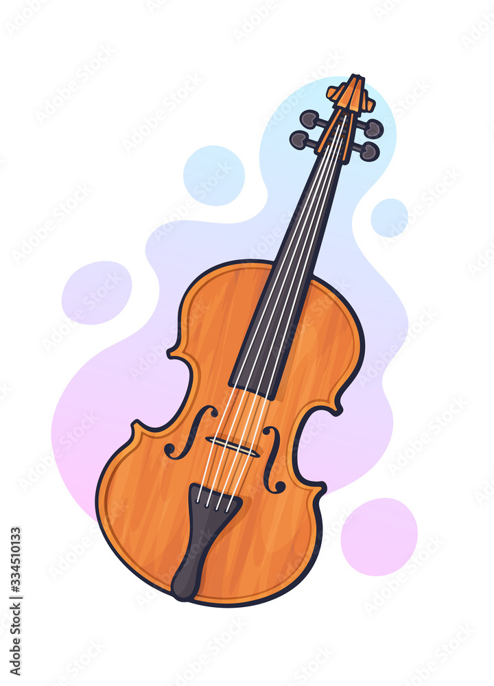 Vector illustration. Classical wooden violin without a bow. Stringed bow musical instrument. Blues, jazz, orchestral equipment. Clip art with contour for graphic design. Isolated on white background