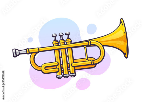 Vector illustration. Classical music wind instrument trumpet. Blues, jazz or orchestral equipment. Clip art with contour for graphic design. Isolated on white background