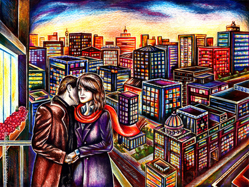 Loving couple on the balcony of the veranda with a view of the city at sunset.