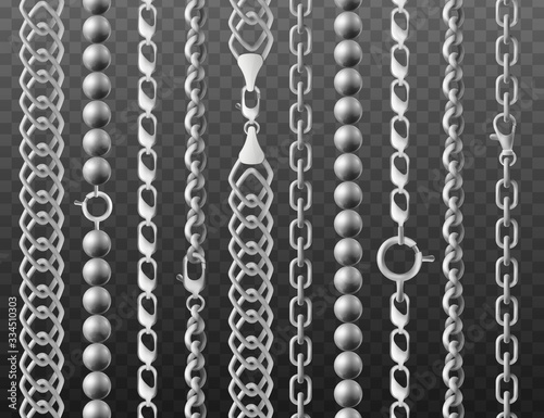 Set of silver chains in shapes of link, realistic vector illustration isolated.