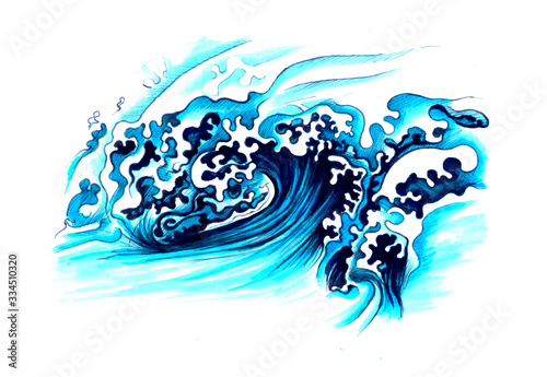Illustration of a running playing blue wave with splashes.