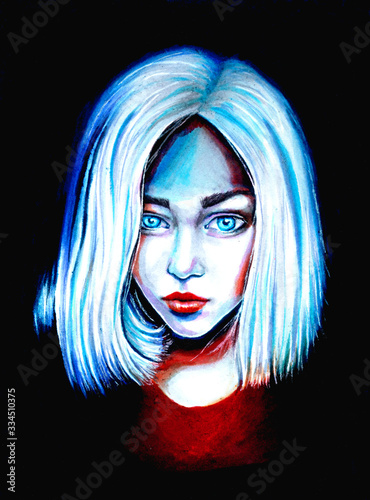 Illustration of an unusual white-haired girl with bright blue eyes.