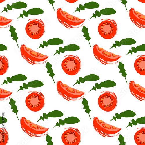 Seamless pattern with slices of tomato and arugula on a white background