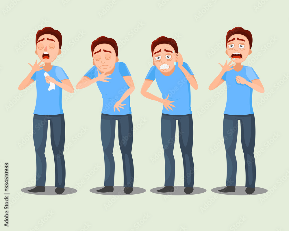 Fototapeta premium Sick man. symptoms: pain in the stomach, headache, sore throat, runny nose, cough. Cartoon vector illustration. 