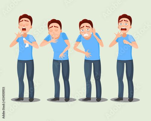  Sick man. symptoms: pain in the stomach, headache, sore throat, runny nose, cough. Cartoon vector illustration. 