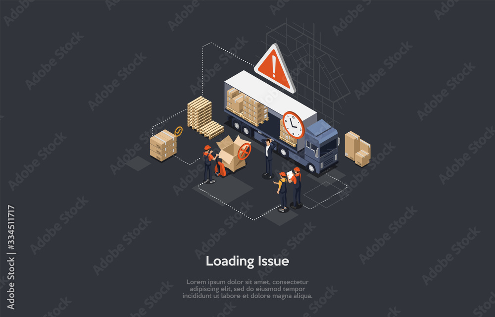 Naklejka premium Isometric Concept Of Warehouse Loading Issue. Manager Controls Process Of Loading And Unloading Goods, Follow Deadlines To Avoid Issues With Delivery, Packaging and Storage Cargo. Vector Illustration