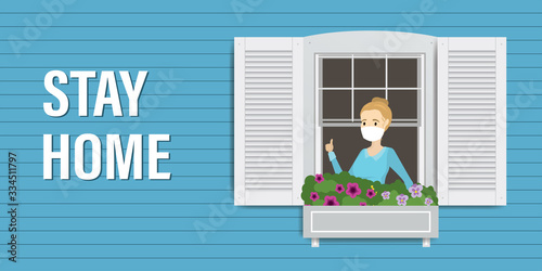 Stay home banner. Healthcare, self-isolation or quarantine concept. Wall of the house with window.