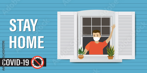 Stay home banner. Healthcare, self-isolation or quarantine concept. Wall of the house with window. Cartoon man
