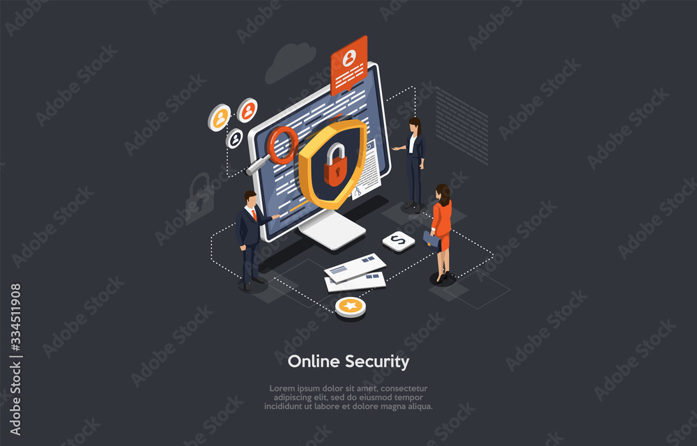 Isometric Online Security And Data Protection Concept. Developers Are Creating Protection Of Malware For Customer. Cloud Computing Online Database Technology Computer Security. Vector Illustration Isometric Online Security And Data Protection Concept. Developers Are Creating Protection Of Malware For Customer. Cloud Computing Online Database Technology Computer Security. Vector Illustration