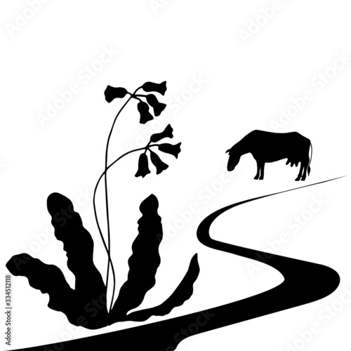 Cow, primrose. Black silhouette.Vector illustration.