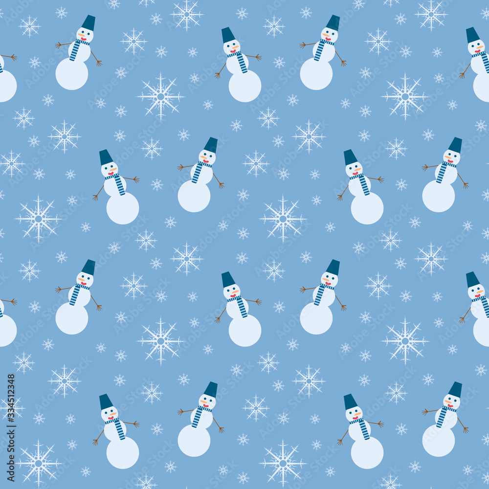 Seamless pattern with interesting snowman and snowflakes on blue background for fabric, textile, clothes, tablecloth and other things. Vector image.