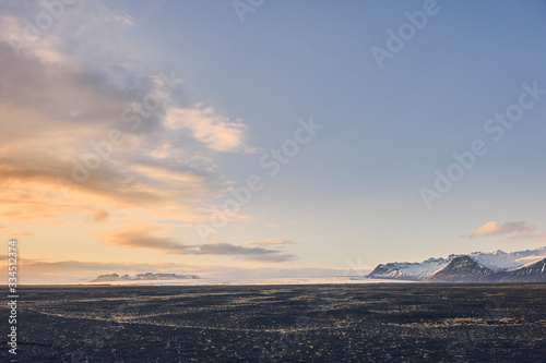 Northen landscapes: Sunset over Skeidararjokull glacier and Skaftafell national park, Skeidararsandur (Austurland region, Iceland) photo