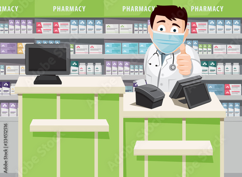 Pharmacist with medical face mask protection. Modern interior pharmacy and drugstore. Sale of vitamins and medications.