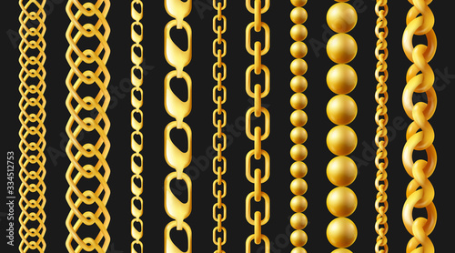 Realistic gold chain set isolated on black background.