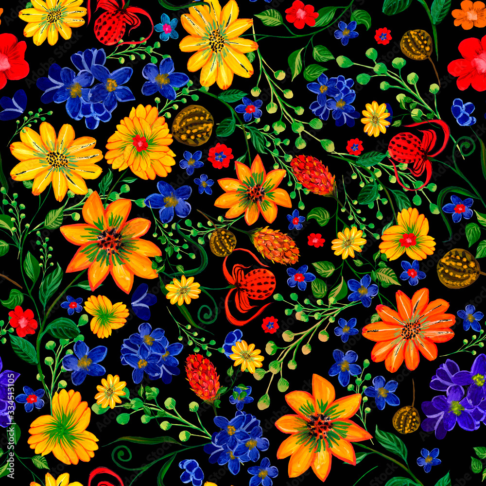 Bright flowers, leaves drawn in gouache. Seamless pattern. Design of fabric, textile, bedding, curtains, wallpaper, background, packaging, covers, wrapping paper. Bright flowers, leaves drawn in gouache. Seamless pattern. Design of fabric, textile, bedding, curtains, wallpaper, background, packaging, covers, wrapping paper.