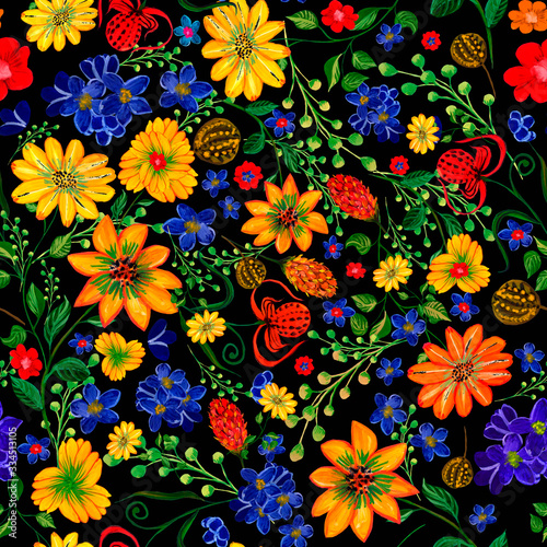 Bright flowers, leaves drawn in gouache. Seamless pattern. Design of fabric, textile, bedding, curtains, wallpaper, background, packaging, covers, wrapping paper.