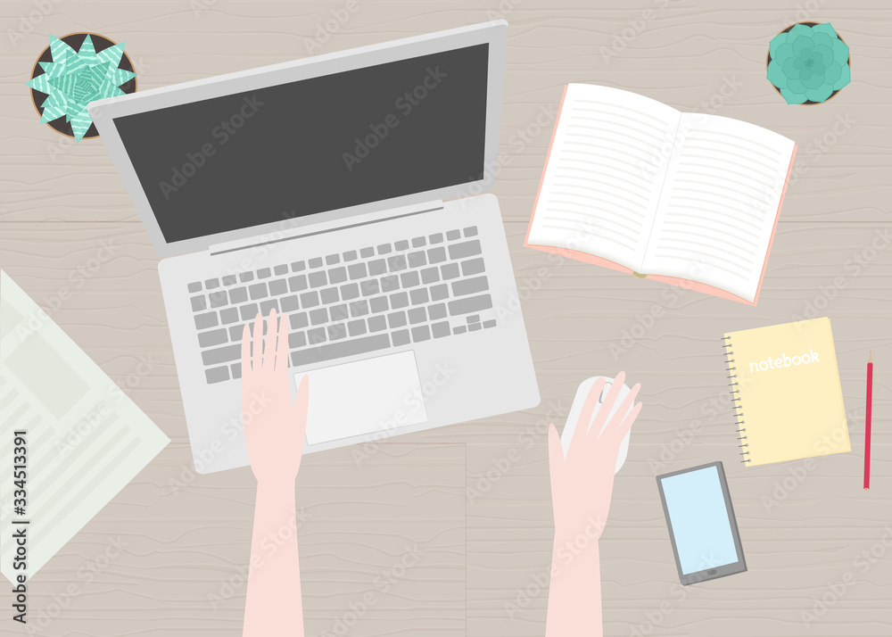 Vector illustration in flat cartoon style of hands, laptop, notebook, pencil etc top view. For poster, design of page site, web and advertising banner, article, card or flyer, promotion, mailing. Vector illustration in flat cartoon style of hands, laptop, notebook, pencil etc top view. For poster, design of page site, web and advertising banner, article, card or flyer, promotion, mailing.