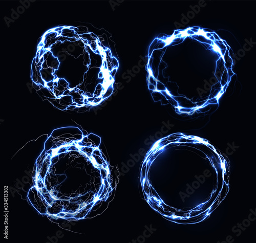 Electric frames, lightning collection, circle made of electric discharge, natural phenomenon, vector illustration