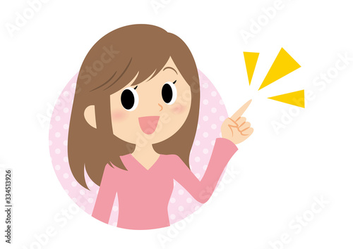女性の表情　指差す