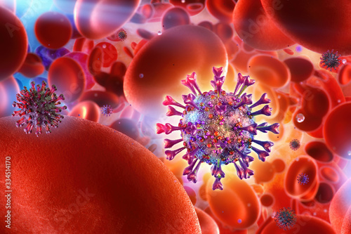 Coronavirus COVID-19 and human red blood cells background with floating pathogen respiratory influenza covid 19 cells. Coronavirus infection 3D medical illustration, virus and blood microscopic view