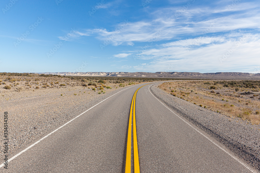 Asphalt road in the desert.  Road 3 (Ruta 3) through the Argentinean pampa - Santa Cruz province